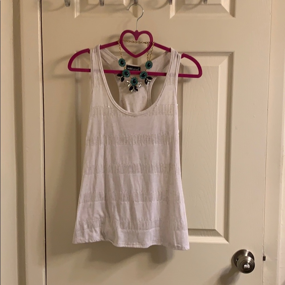 Heathered beige racerback tank with sequin stripes